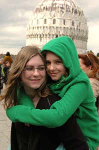 A moment of sisterly affection with Lexi (17) and Jenna (10).  The bookends share a love of Dr. Who.