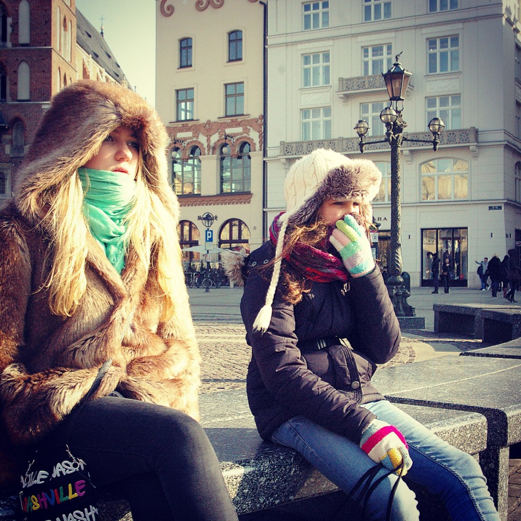 Sophie (16) and Jenna (12) take in the sights on a cold day in Poland